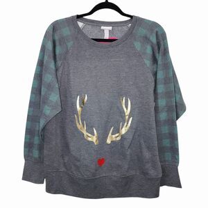 Isabel Maternity by Ingrid & Isabel Reindeer Plaid Sleeve Sweatshirt Gray Size S